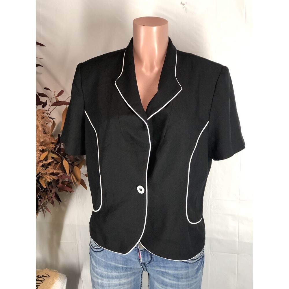 Perceptions Womens Blazer Jacket Sz  16 Black Button-Up Short Sleeve - Picture 4 of 8